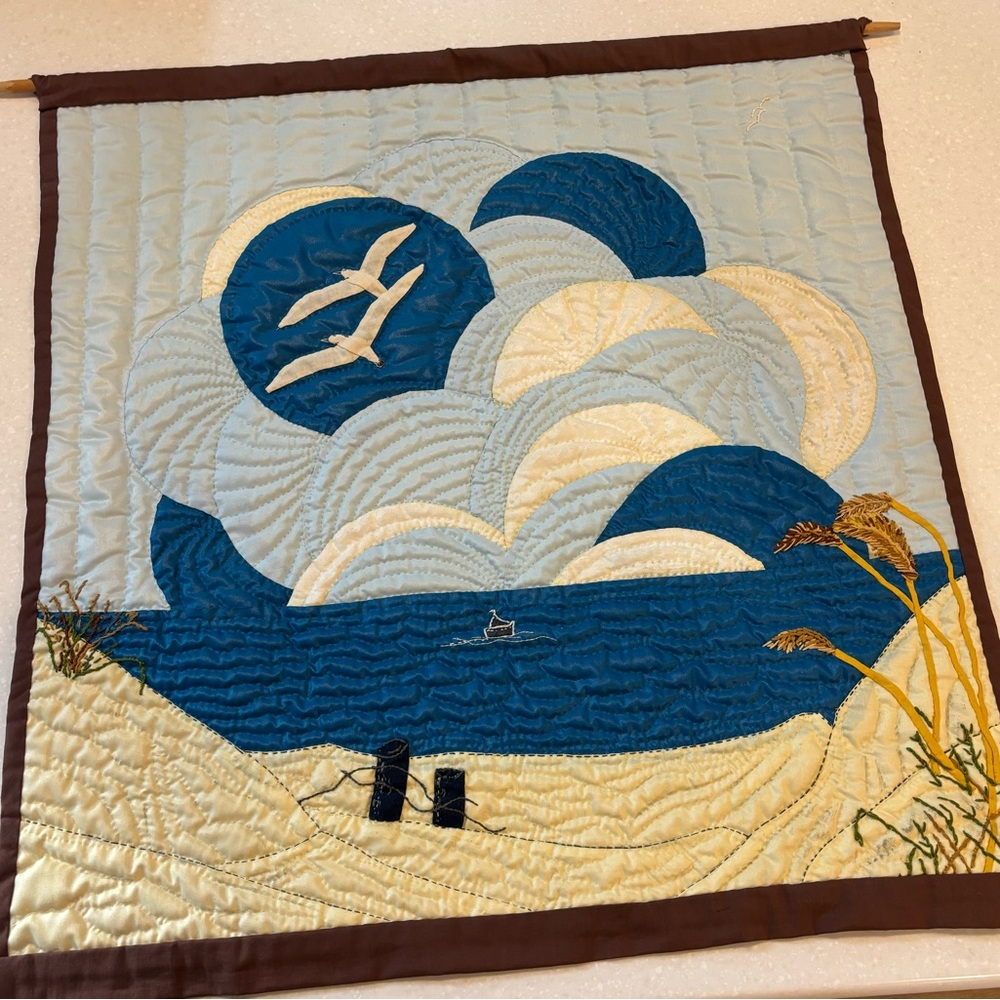 1980s Timeless quilted blue ocean, water, sea scape wall art Granny nautical